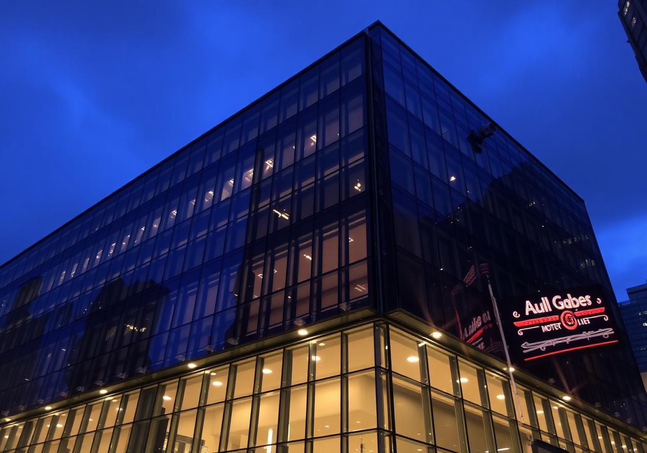 Commercial property exterior at dusk