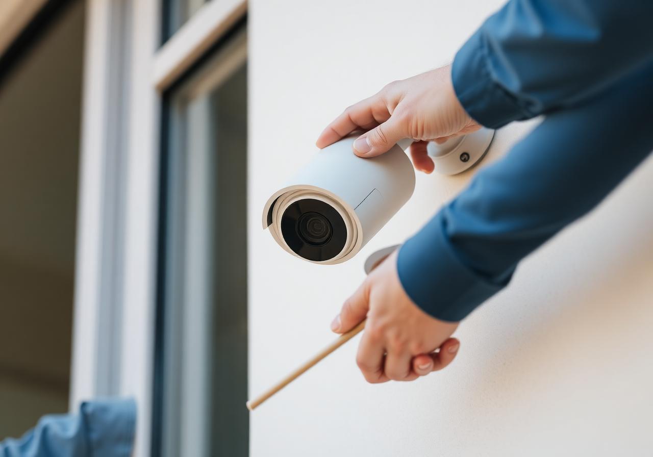 Technician installing a security camera